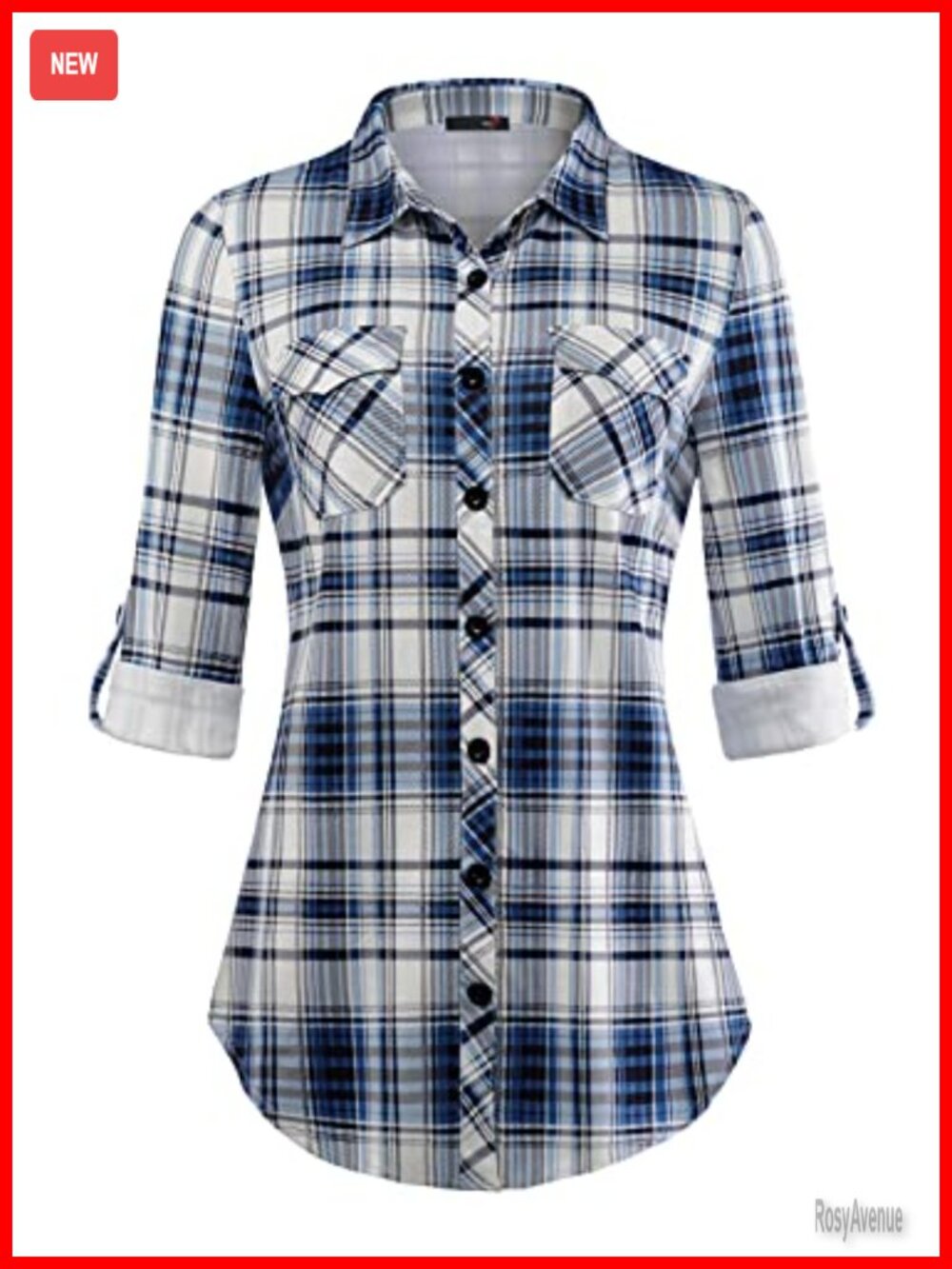 Womens Soft Stretchy Knit Plaid Button Down Blouse Roll Up Long Sleeve Collared